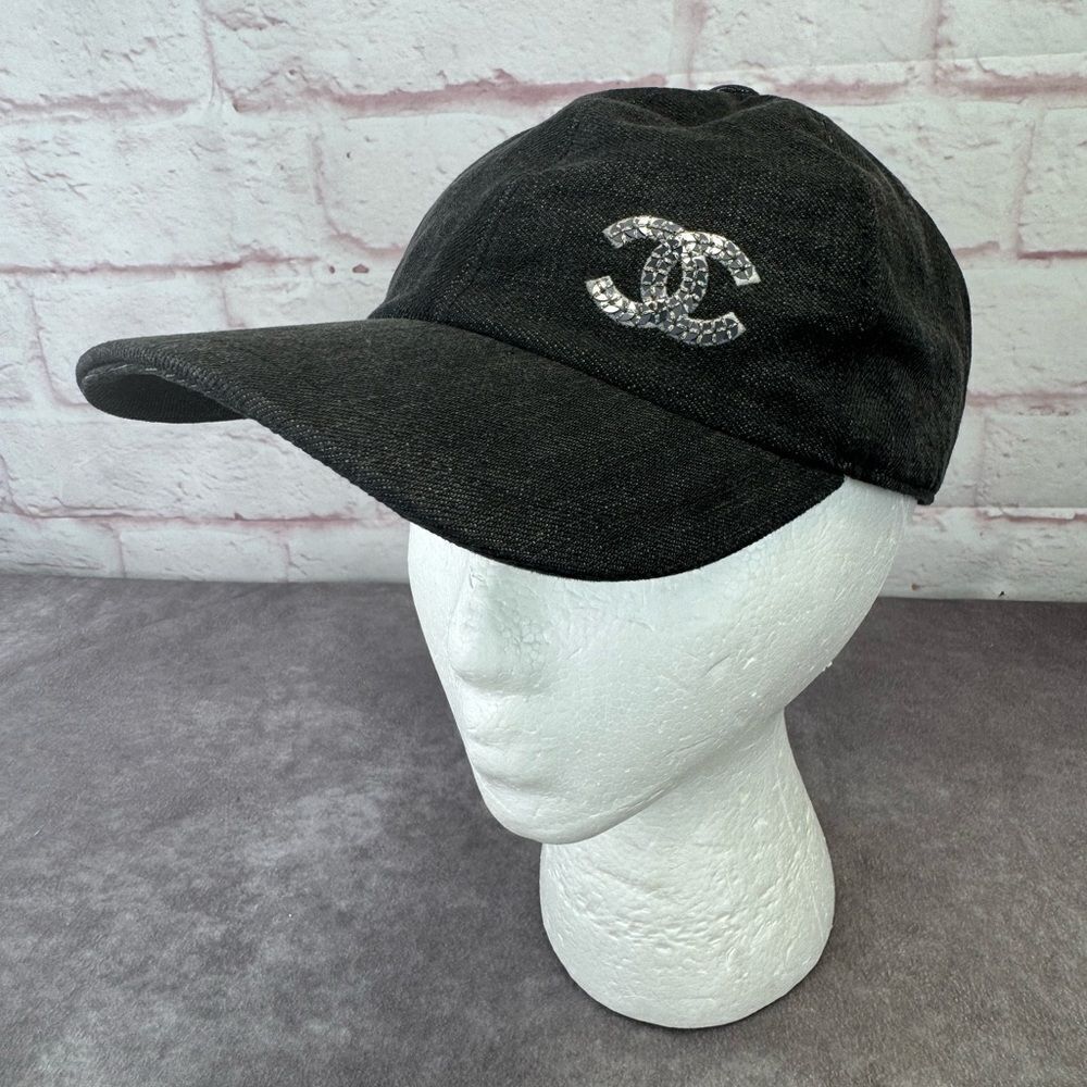 Chanel 22P Black Denim Sequin CC White Logo Baseball Cap Curved Peak Hat - Picture 3 of 13